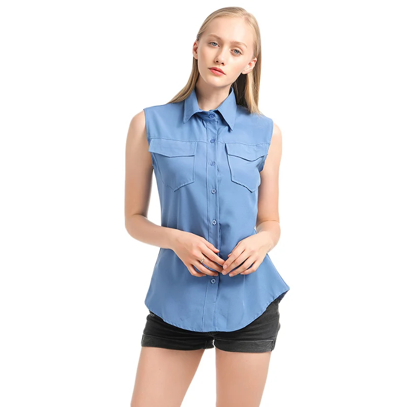 

Women Casual Solid Sleeveless Turn Down Collar Pockets Button Front Shirt Tops Womens Tops Blouses Lady Tops Tee Shirt Femme