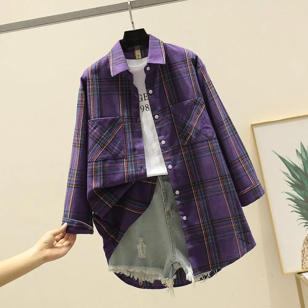 Женская фиолетовая клетчатая рубашка 2019 mori/Осенняя Повседневная Свободная