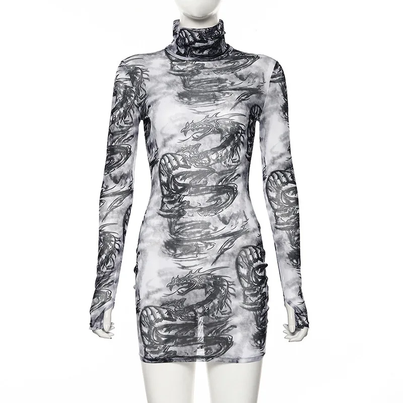 

Hollow Out Slim Lace Up Pencil Dress Long Sleeve Printed Half High Collar Autumn Sexy Club Dresses O Neck Patchwork Streetwear
