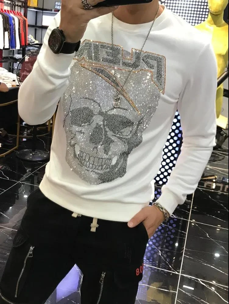 Зима 2021 Мужская толстовка Стразы с черепом блестящая бриллиантами хлопковая