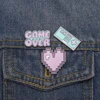 pink game enamel pin bag badge heart game over brooches clothes lapel pin custom cartoon retro vintage jewelry gift for girls
