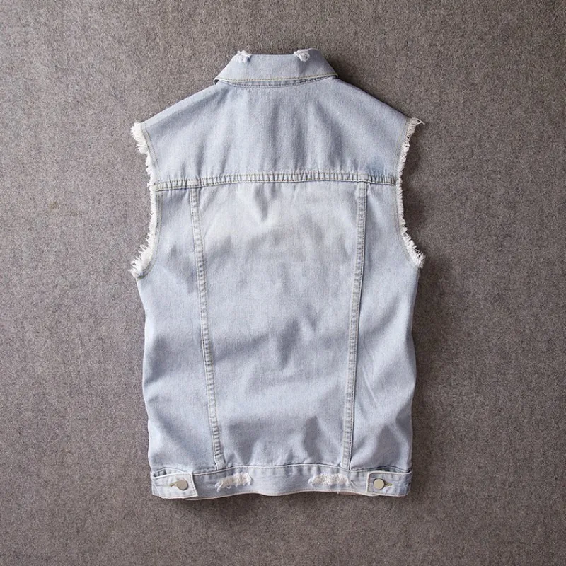 Весна Осень Новый дырявый рваный светильник синий мужские жилеты корейский Панк