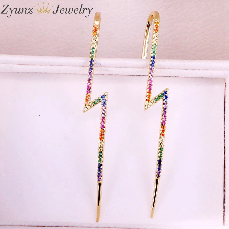 3 пары, Радужный фианит cz Ювелирные изделия золотого цвета Новые молнии болт длинные на заколке серьги-Каффы