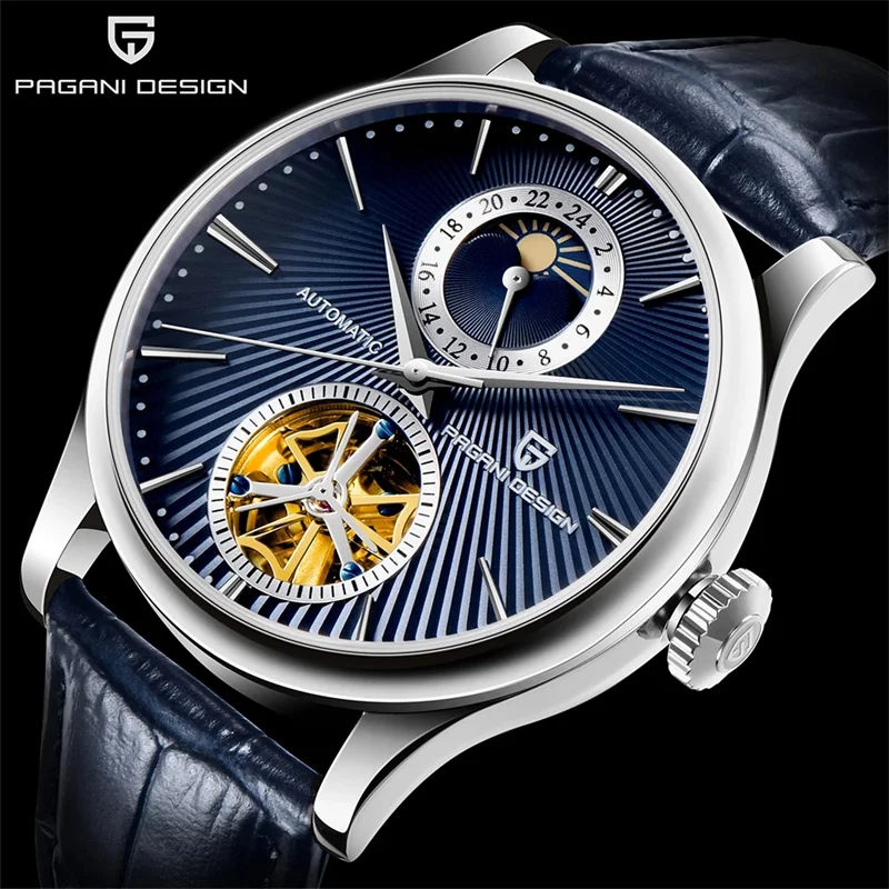 

PAGANI DESIGN Automatic Mechanical Men Watches Sapphire Crystal Retro Wrist Watch Tourbillon Moon Phase Leather Relojes Hombre