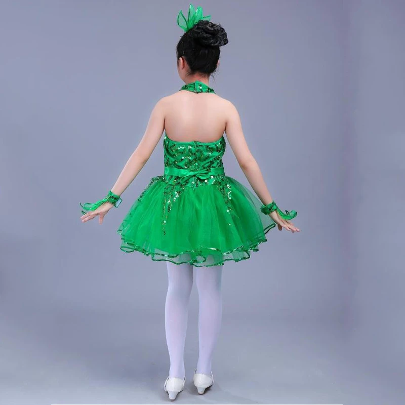 Детский танцевальный костюм без рукавов для девочек зеленый блестящий