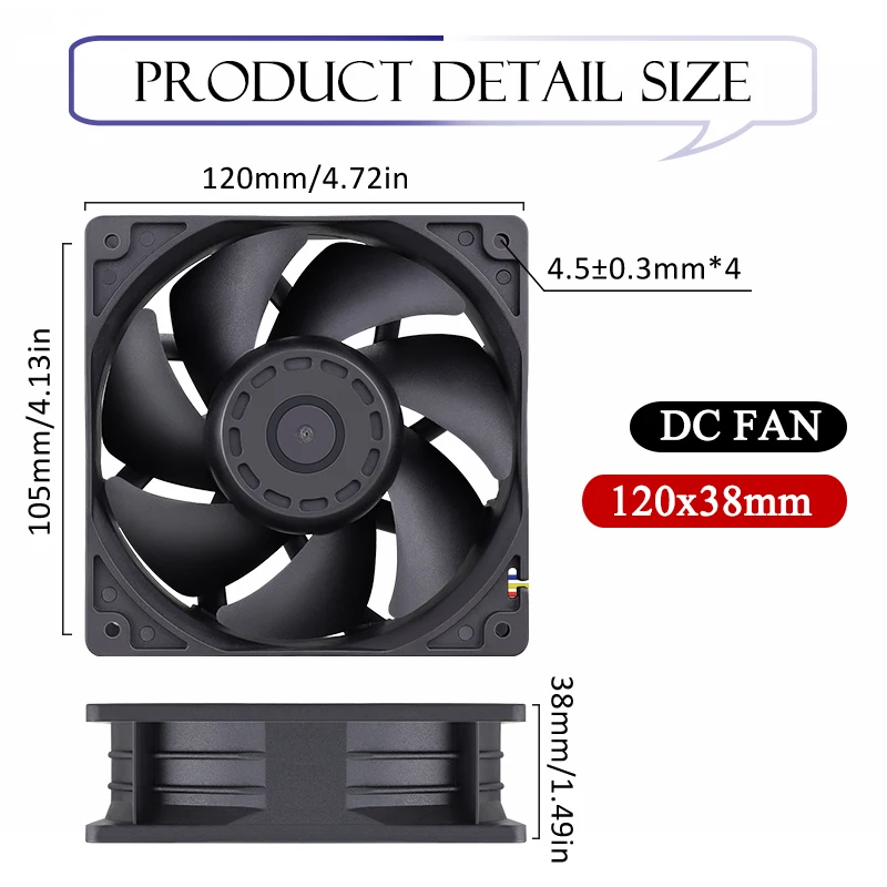 

1Pcs Gdstime DC 12V 24V 48V 12038 120mm x 38mm 5300rpm High Airflow Cooler Fan 120x38m 12cm 4pin PWM FG DC Brushless Cooling Fan