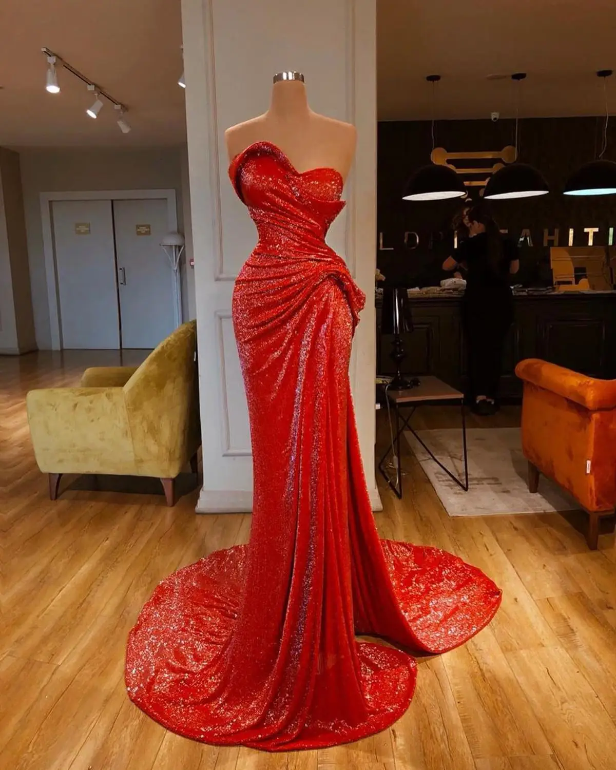 

Linglewei New Spring and Summer Women's Dress Sequin wrap chest split mop dress