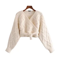 2021 spring white wrap tied hem cropped cable knit cardigan sweater v neck office lady long sleeve female outerwear chic tops ol