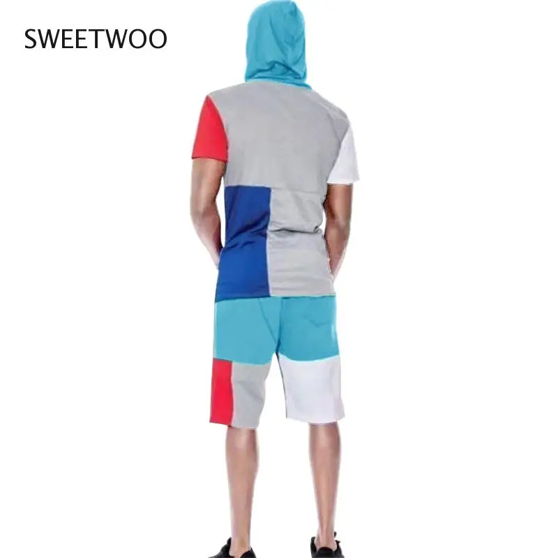 

Summer men's sports suit color matching hooded fashion short-sleeved shorts sports suit leisure fitness jogging two-piece suit