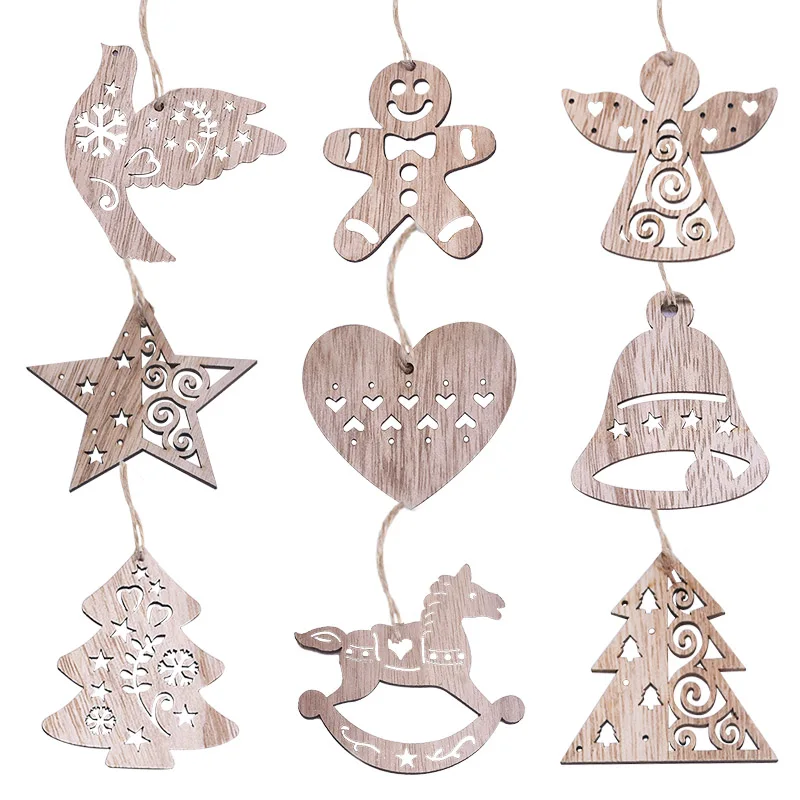 3/6pcs Christmas Wooden Pendant Wooden Hollow Snowflake Christmas Tree Hanging Decor For New Year Xmas Party Ornaments Kids Gift