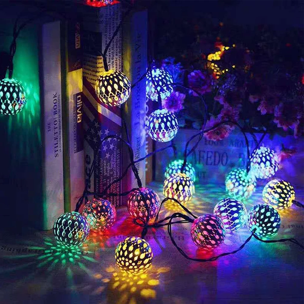 

LED Solar Garland Global Lights String Moroccan Ball Lamps Metal Hollow Colorful Beads For Garden Courtyard Wedding Party Decor