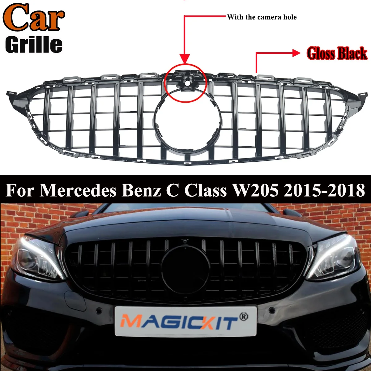 

Решетка гриля MagicKit W205 для GT Style, Черная решетка для Mercedes Benz W205 C200 C250 C300 C350 2015-2018