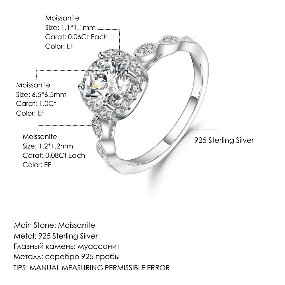

GEM'S BALLET 2.0Ct 8mm EF Color Half Eternity Halo Moissanite Engagement Rings Set 925 Sterling Silver Jewelry For Women Wedding