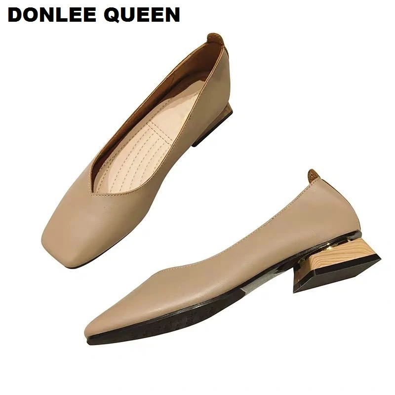 New Spring Flats Shoes Women Wooden Low Heel Ballet Square Toe Shallow Brand Shoe Slip On Loafer zapatos de mujer big size 35-41