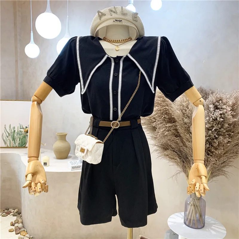 

Niche Design New Women's Clothing Summer 2021 Polka Dot Puff Short Sleeve Shirt + High Waist Wide Leg Shorts Two Piece Set