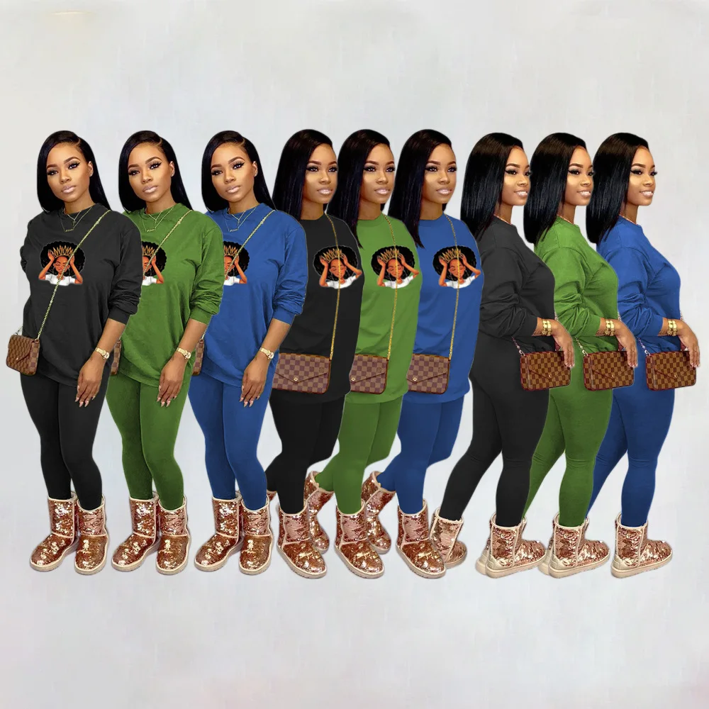 

Two-piece Casual Cartoon Print Home Wear Women Pant Set Long Sleeve Pullover T-Shirt Top High Waist Trousers Tracksuit