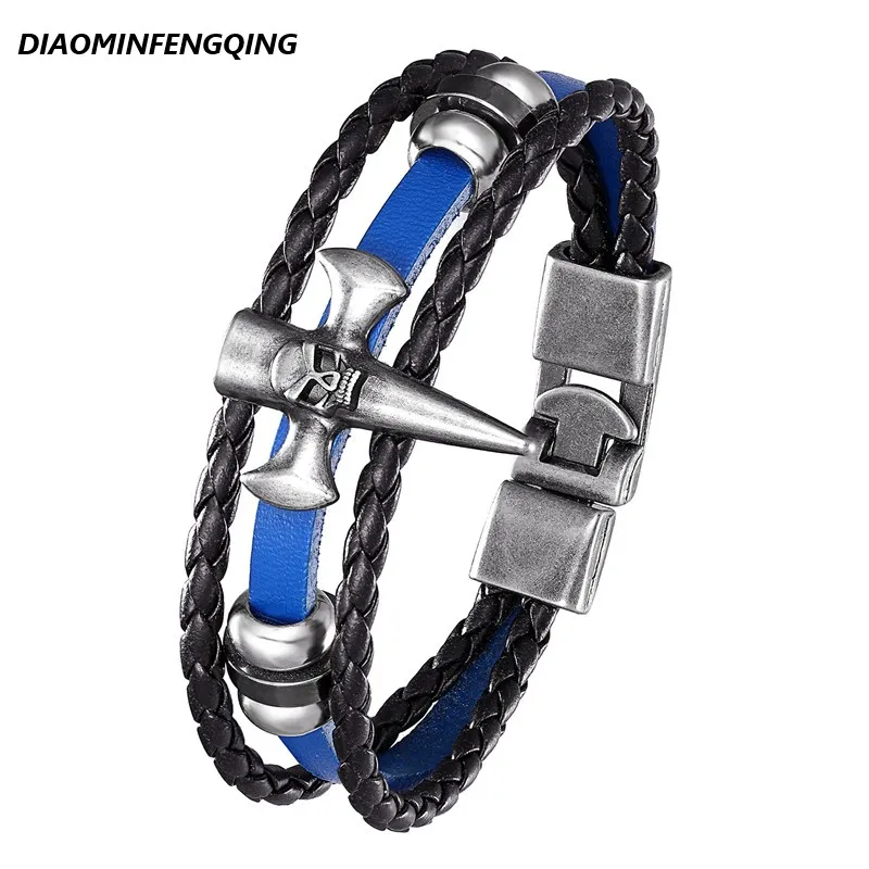 

Genuine leather men's retro classic bracelet jewelry with handmade charm multilayer woven alloy skull handmade gift for cool men
