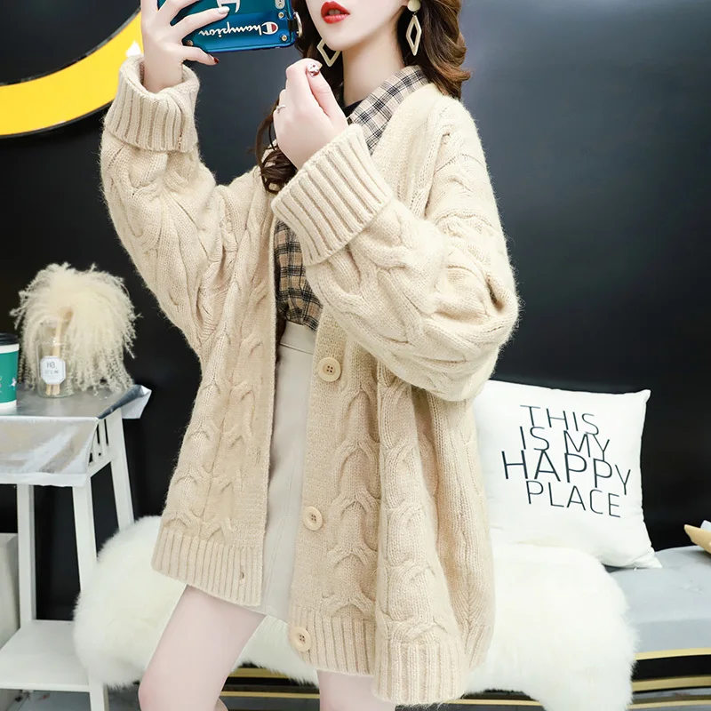 

Spring Autumn Fashion Mid Length Solid Color Knitted Sweater Women Loose Cardigan Jumpers Ladies Long Sleeve Knit Jacket Female