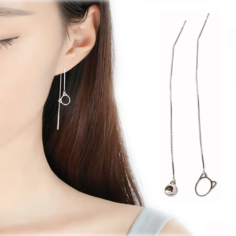 Асимметричные серебряные цветные милые длинные висячие серьги с кошками