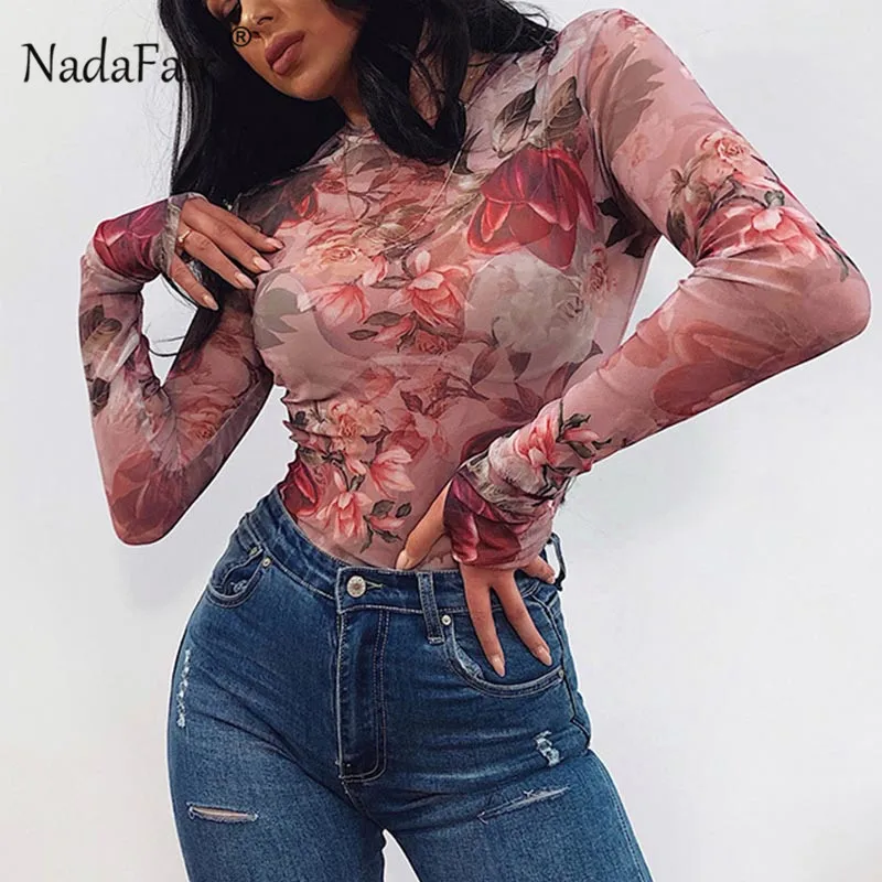 Nadafair Сексуальное Женское боди с цветочным принтом, Сетчатое боди с длинным рукавом, цельное Клубное осеннее прозрачное боди для женщин