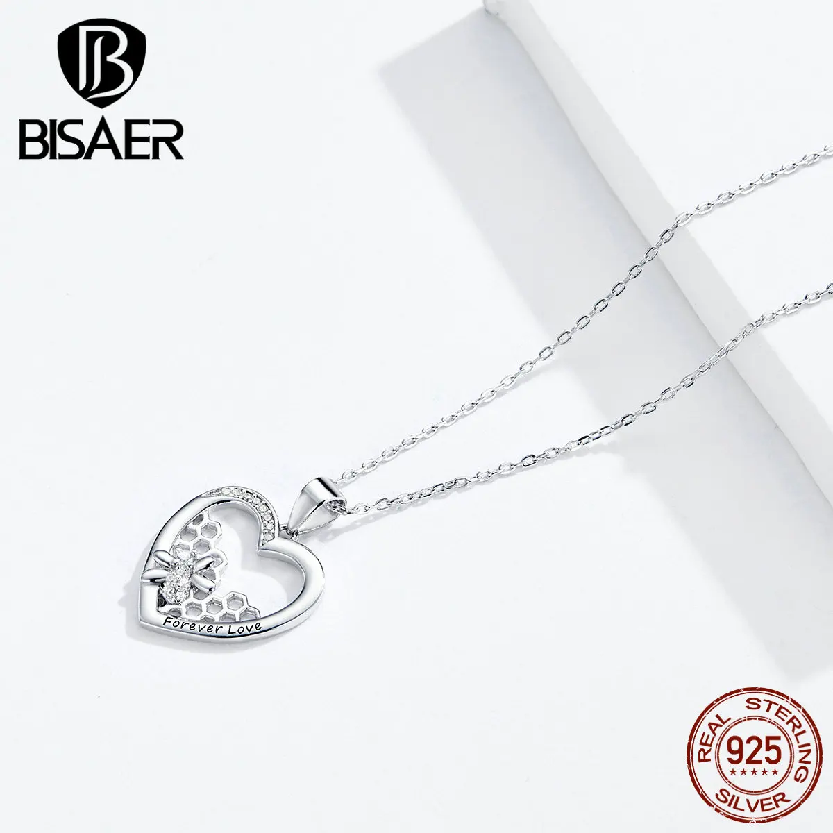 Соты воротник BISAER 925 пробы Серебряная пчела любовь соты в форме сердца кулон ожерелья для женщин Роскошные ювелирные изделия ECN356