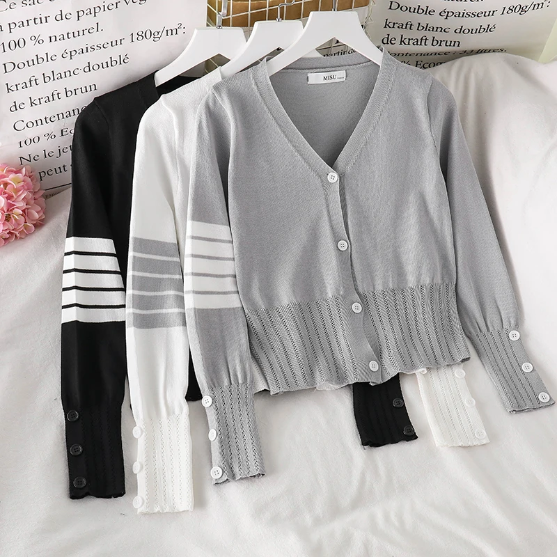 

Женский вязаный солнцезащитный кардиган, универсальный облегающий кардиган в западном стиле с V-образным вырезом и длинным рукавом, осень ...