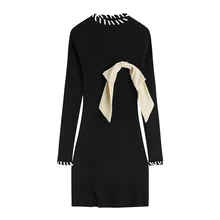 Pull tricoté noir, frocs pour femmes, robe femme, automne hiver, nœud papillon, fente, jupe de Base, auto culture, tout assorti  (1)