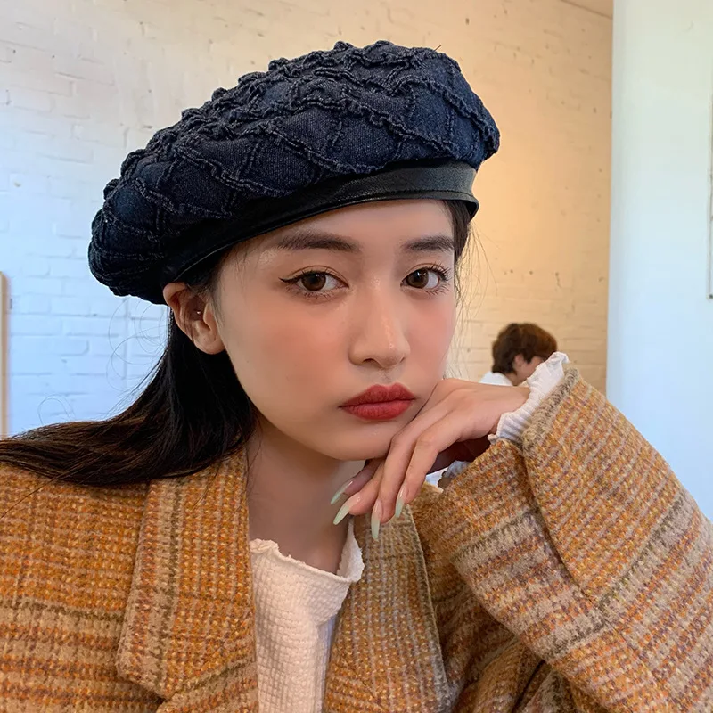 

Fashion Flat Top Beret Women Spring and Autumn Personality Korean Style Pu Leather Plaid Stitching Painter Hat Gorros
