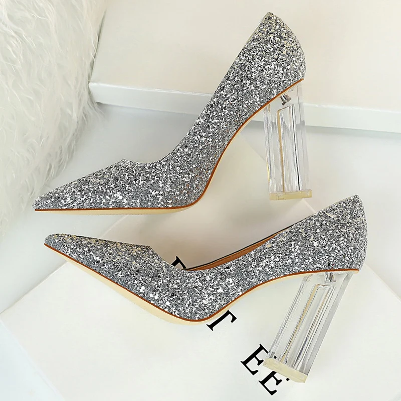 

2022 Women 10cm High Heels Glitter Scarpins Gold Silver Block Clear Heels Pumps Lady Wedding Bridal Transparent Chunky Shoes