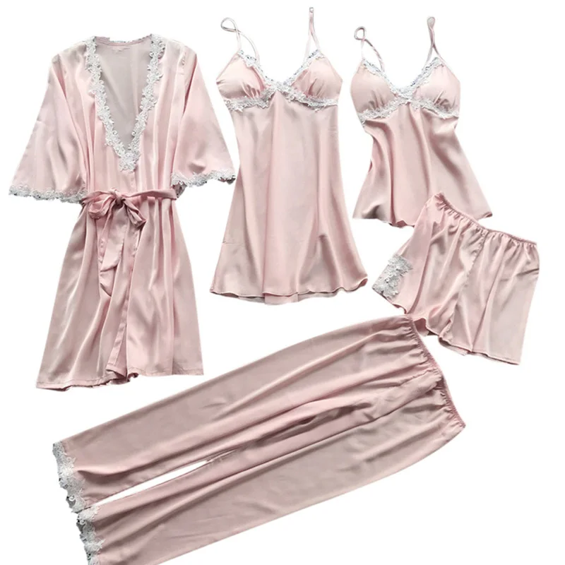 Pink 5 шт. женские сексуальные пижамы шелковые пижамы Осень Весна элегантное кружевное нижнее белье большой размер для сна - Цвет: Pink
