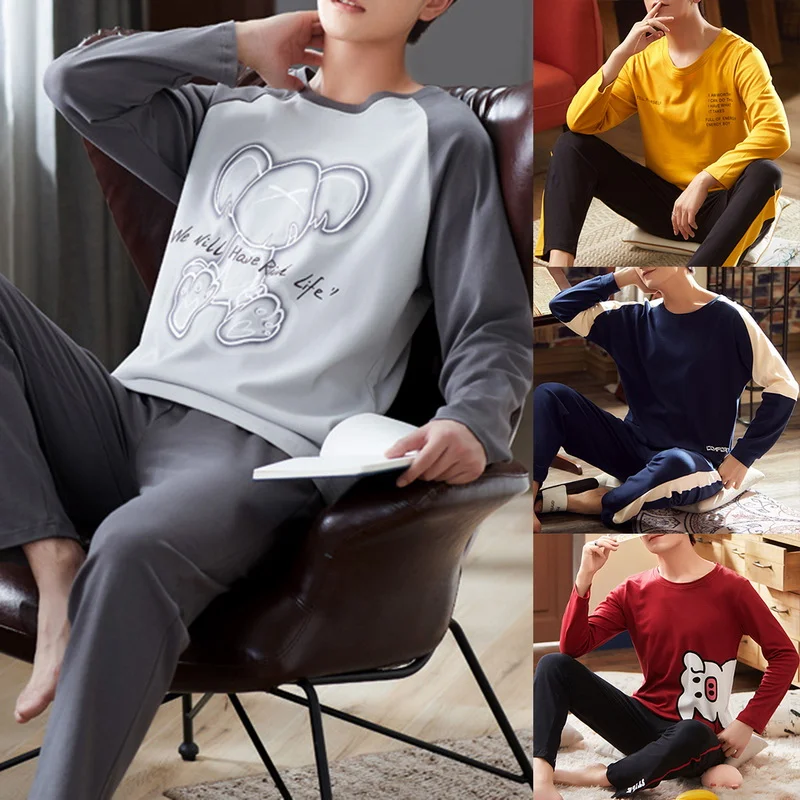 

Men's Pajama Sets New Spring Autumn Men Sleepwear Set Long Sleeve Polyester Pajamas for Men Elastic Waist Pant Leisure Outwear