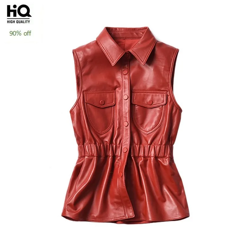 Осенний женский жилет без рукавов с эластичной резинкой на талии из натуральной