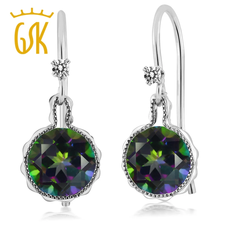 Круглые серьги из серебра 925 пробы с зеленым мистическим топазом 2 02 карат белый