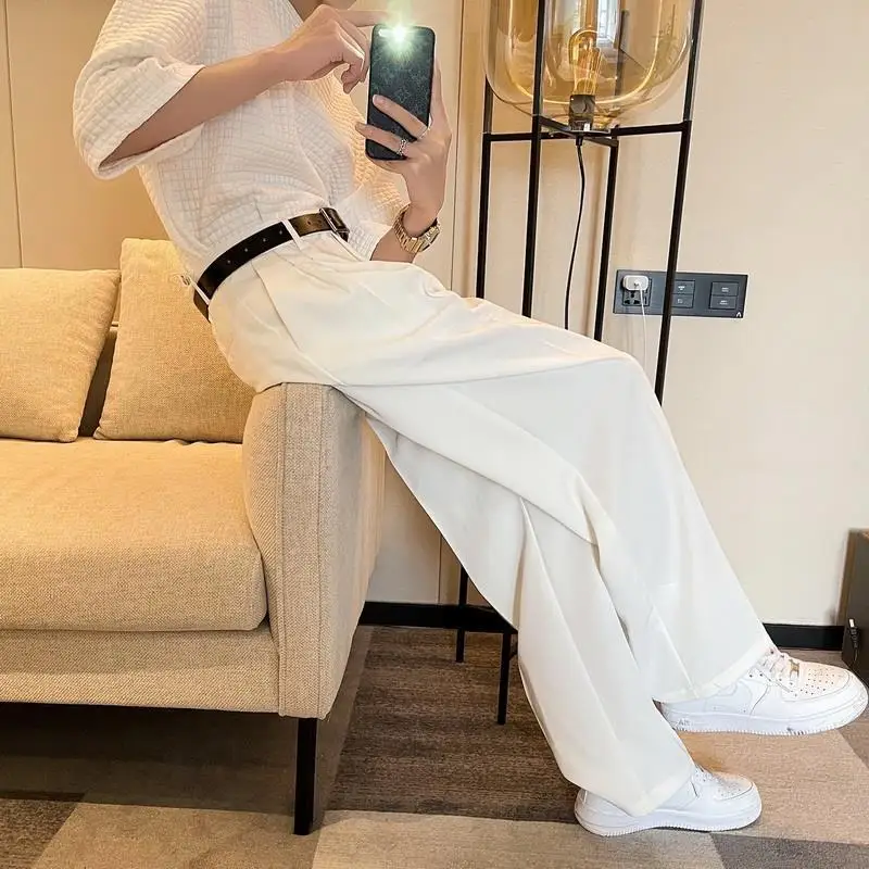 

2021 Straight Pants Men's Summer Loose White Trousers Casual Trousers Drape Wide-leg Japanese Style Suit Pants