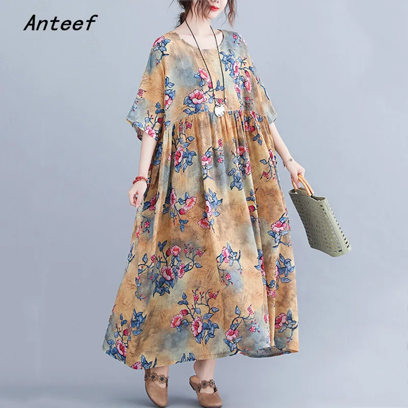

short sleeve cotton vintage floral dresses for women casual loose long summer dress elegant clothes 2021 sundress