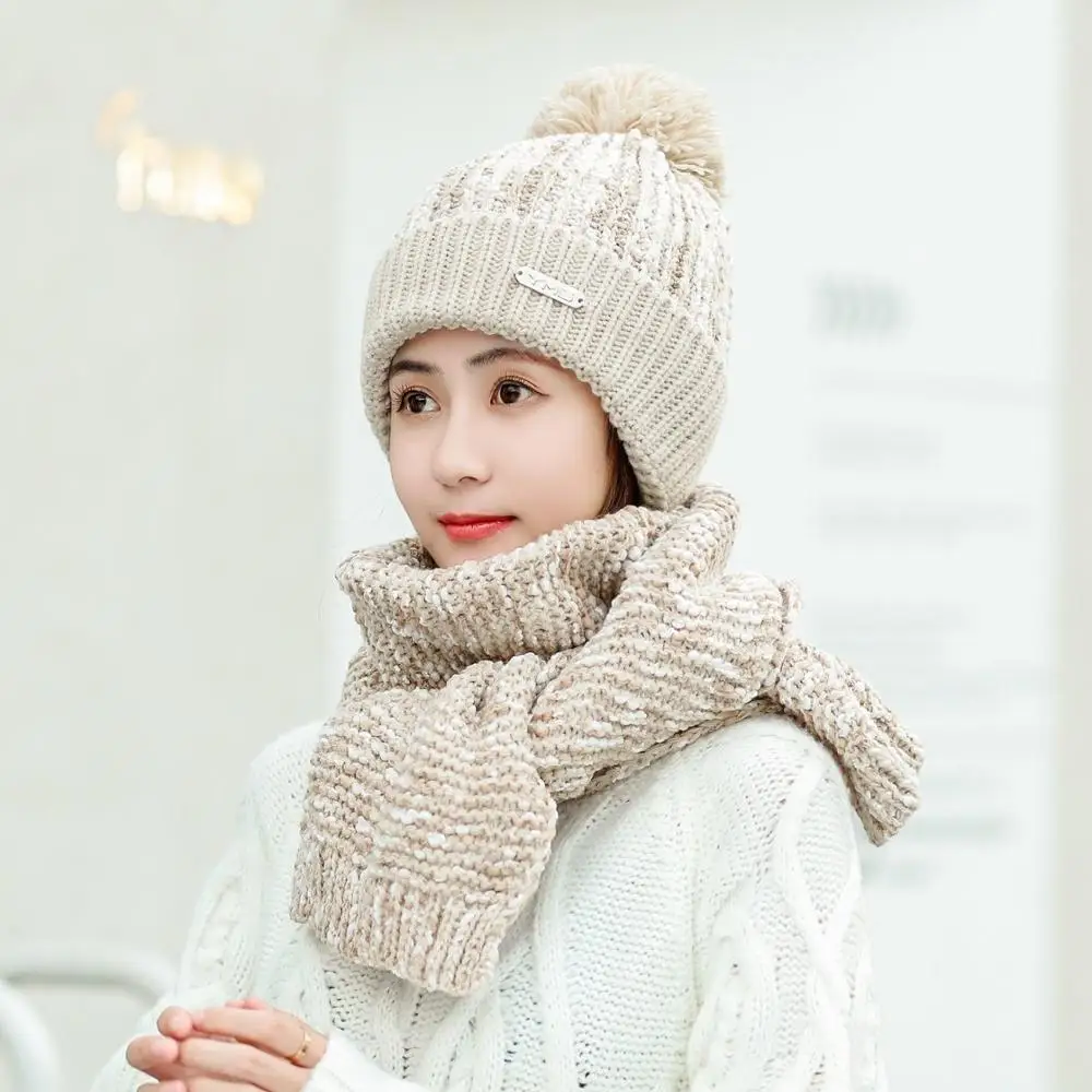 Женский Зимний вязаный комплект из шапки и шарфа плотная теплая вязаная шапка
