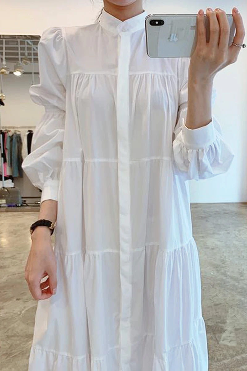 

French Solid Stand Single Breasted Loose Ruffle Puff Sleeve Shirt Long Dresses Women