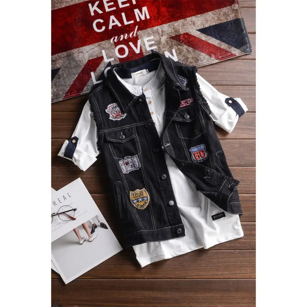 Idopy Модные мужские джинсовый жилет в стиле панк рваные вечерние Slim Fit Лоскутная