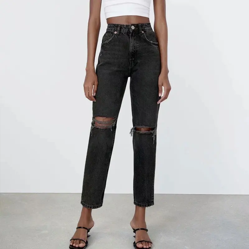 

Nlzgmsj Za Women 2021 Fashion Women Jeans with High Wasit Pocket Ripped Blue Straight Pant Autumn Casual Denim Long Pants 202108