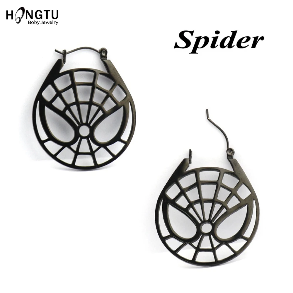 SD50004SP-2pcs HONGTU, 1 пара, Pendientes Mujer, серьги-кольца, нержавеющая сталь, черный цвет, кошка/Череп/цветок/паук, женские серьги, ювелирные изделия - Окраска металла: SD50004SP-2pcs