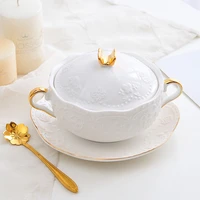 modern luxury gilded ceramic dessert bowl household white double ear stew cup embossed pattern dishes kitchen utensils porcelain