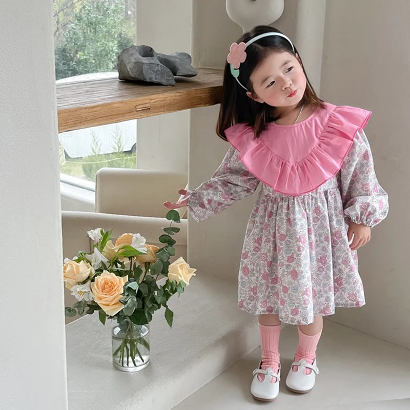

Демисезонное платье для девочек, детское чайное платье, детская одежда, модное Хлопковое платье с цветочным принтом и оборками