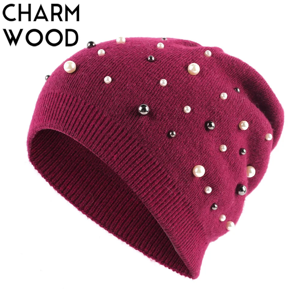 

Handmade Pearl Dot Accessory Design Women Beanie Hat Winter Double Layer Cashmere Knitte Hat Female Autumn Women Wool Cap