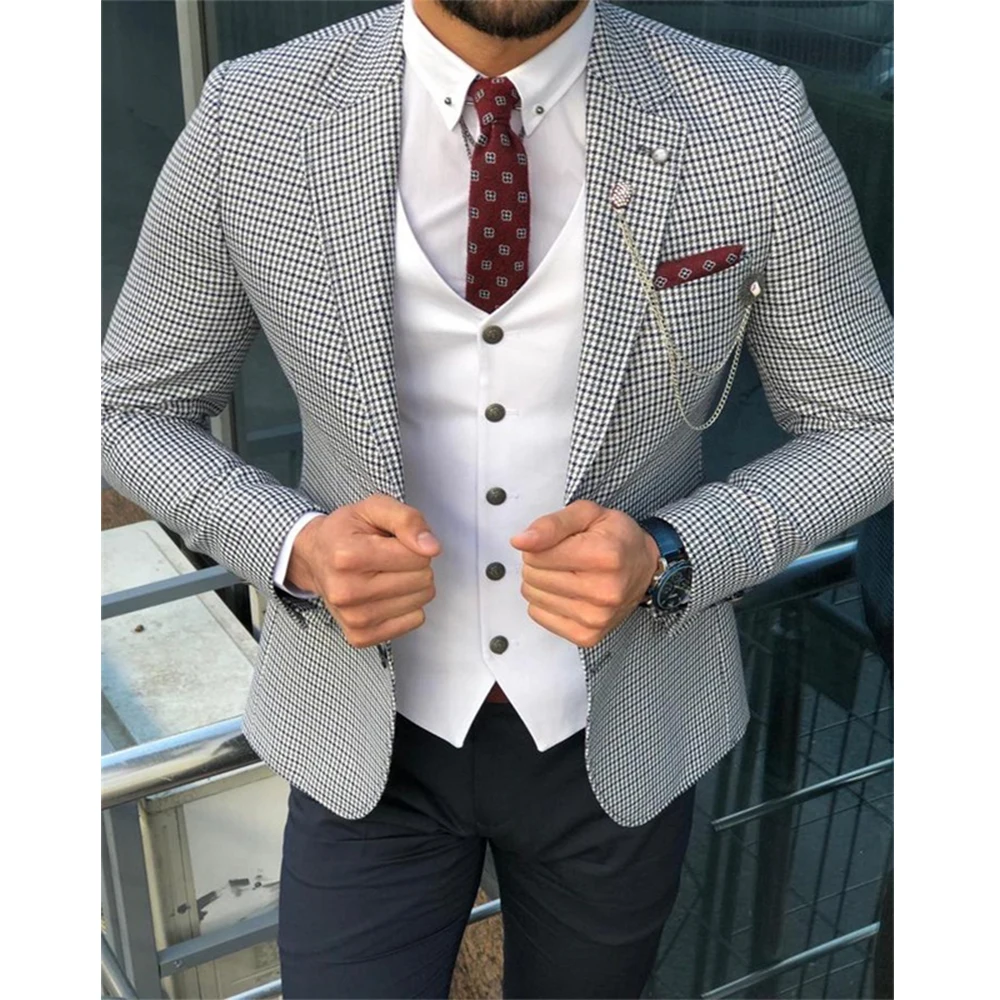 

Tweed Blue Houndstooth 3 Pieces Custom Made Wedding Suits Lapel High Quality Fashion Formal Business Man Coat+Pant+Vest 2021