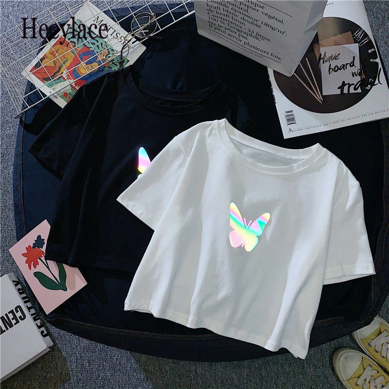 

Женская летняя футболка, новинка 2021, свободные однотонные Короткие топы с коротким рукавом и принтом в Корейском стиле из светоотражающего ...