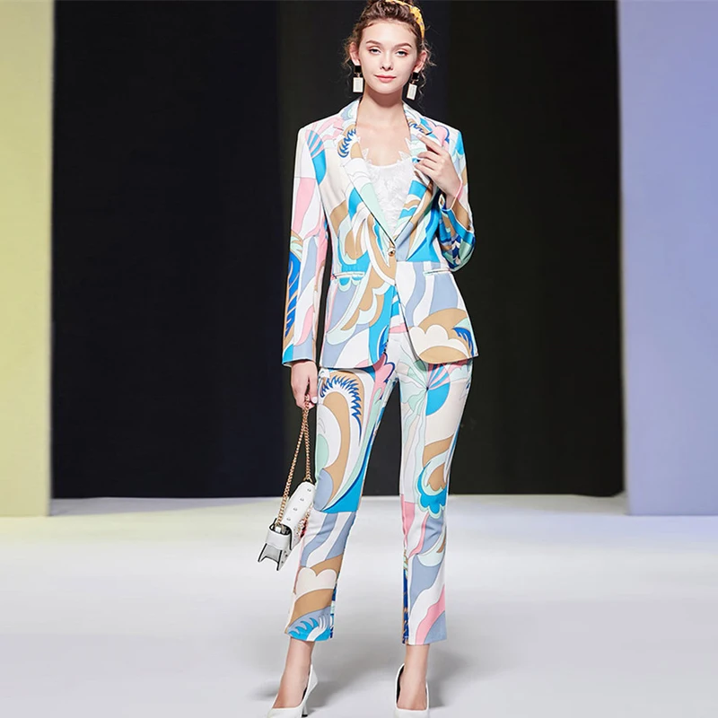 2021 Spring Elegant Office Lady Pants 2 Piece Set Women Runway Fashion Geometric Print Blazer and Trousers Suit Party Twinset