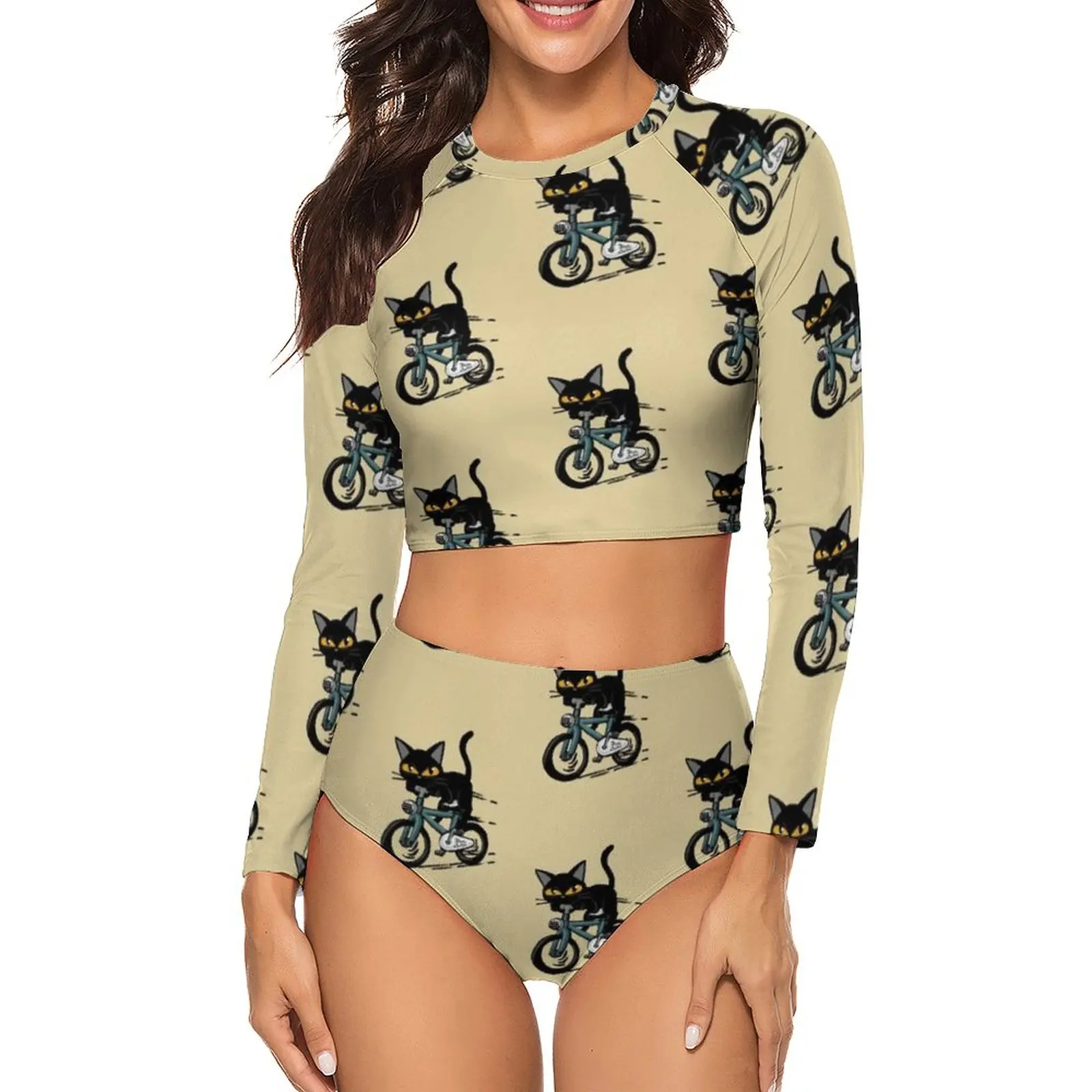 

Купальник-бикини с длинным рукавом и принтом кошки