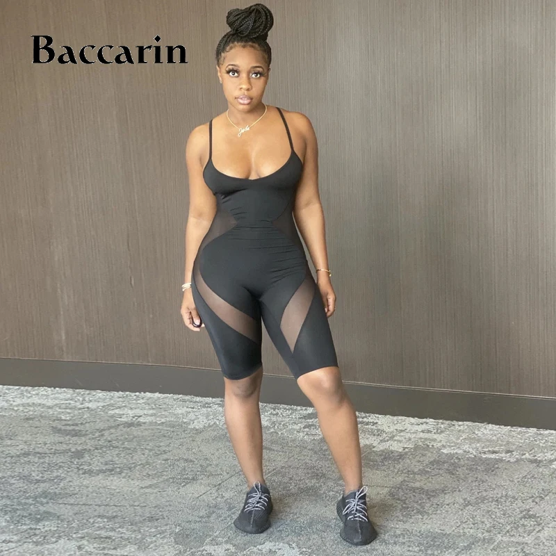 

Baccarin mesh patchwork women playsuit combishort strap bodycon sexy streetwear party 2020 summer clothes fitness outfit club