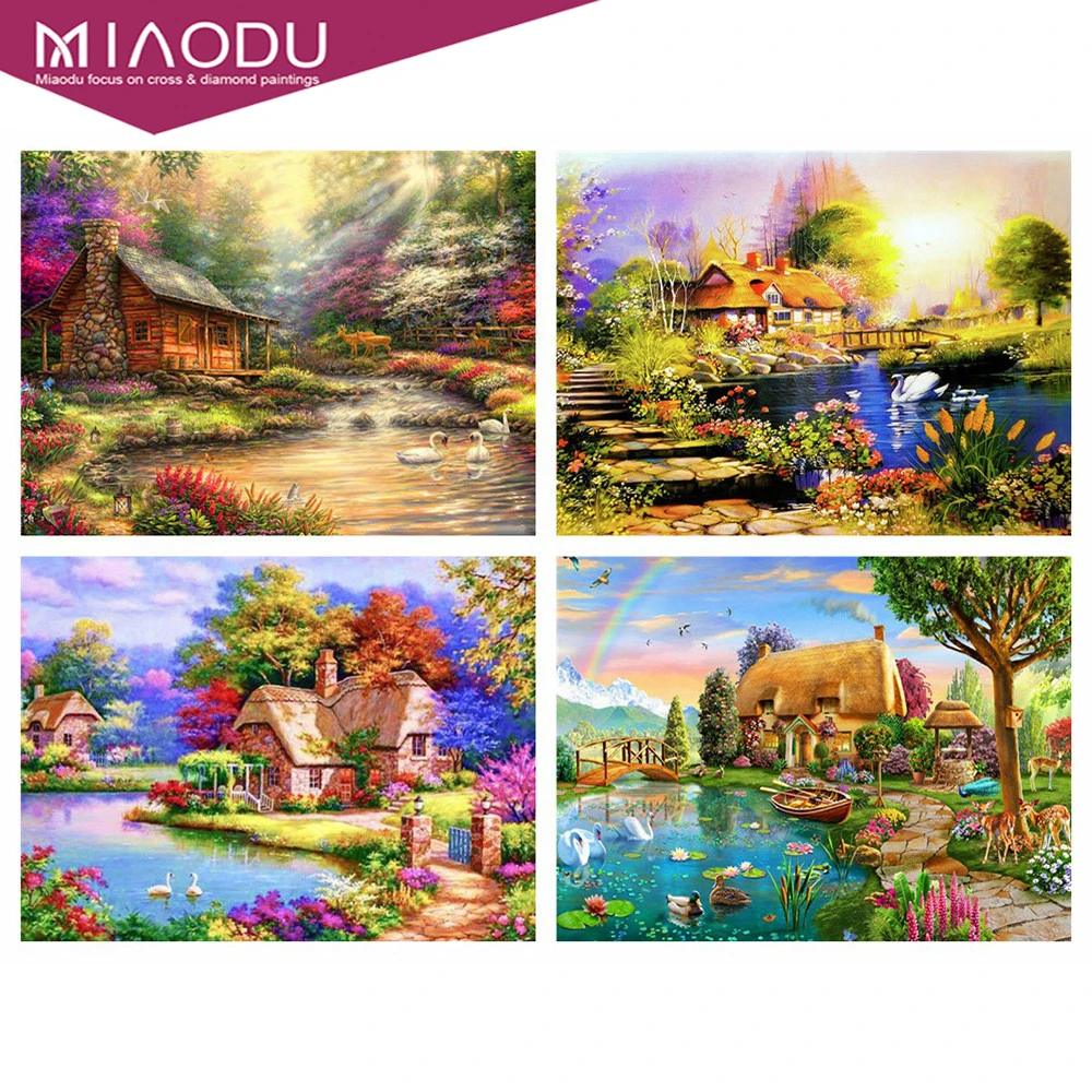 

Dbqp 5D Diamond Painting Swan Animal Full Square Diamond Embroidery House Natural Landscape Handmade Gift Wall Art