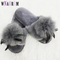 womens home slippers 100 real sheepskin fur one fashion ladies slip flat laces cute fox fur ball outdoor fur slippers